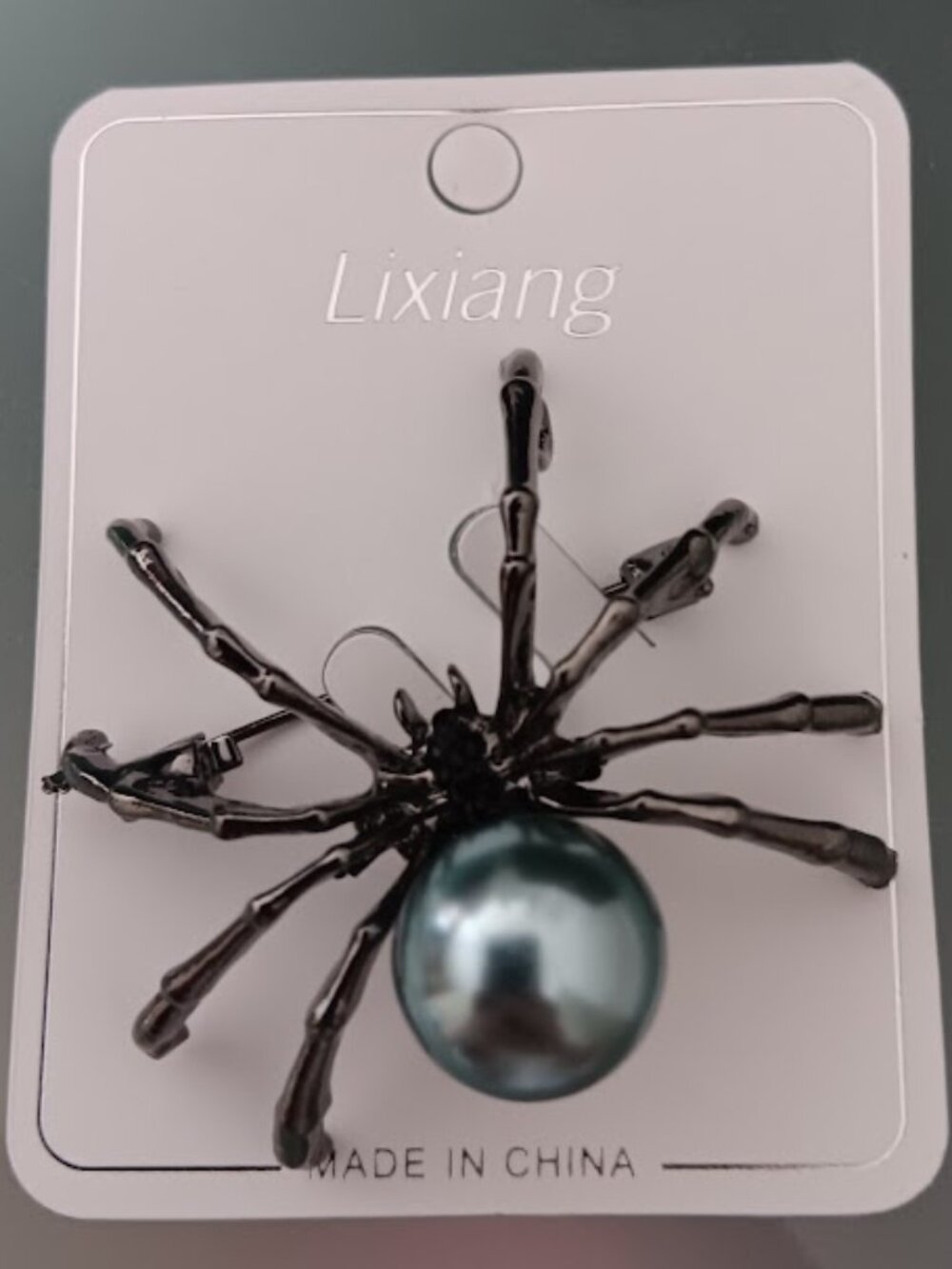 DESIGNER Goth Halloween Spider Gunmetal Large Blue/Gray Pearl Brooch Pendant